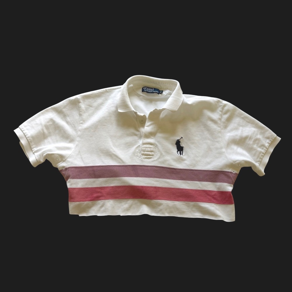 Polo Ralph Lauren Cropped Raw Hem Striped Polo Shirt White Pink Med